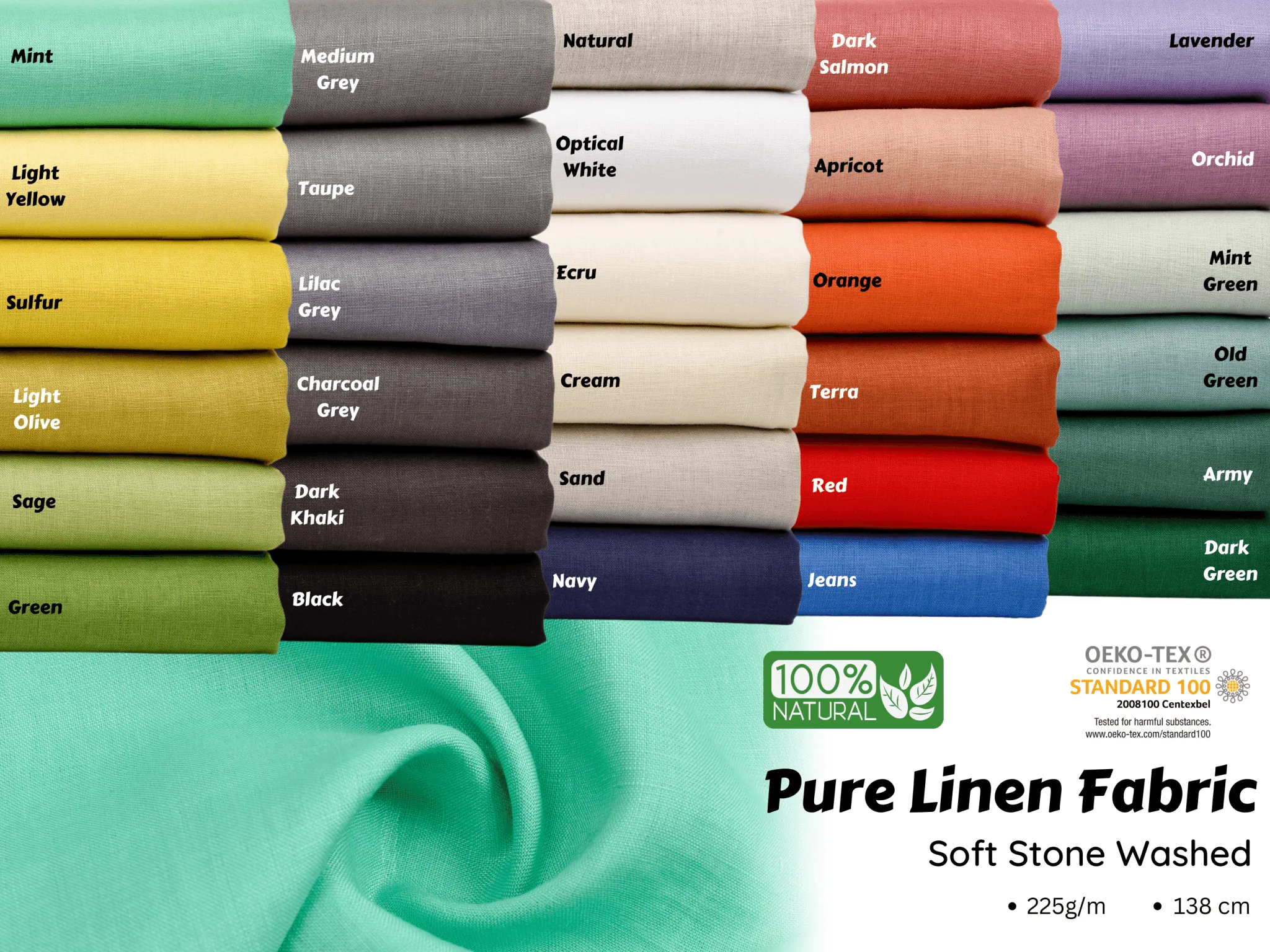 100% Pure  Linen Stone Washed Fabric