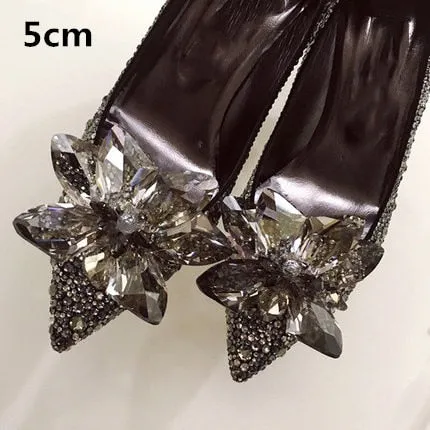 2023 New Summer Silver Crystal High Heels Female Stiletto Princess Pointed Temperament Goddess Fan Wedding Shoes Bridal Shoes