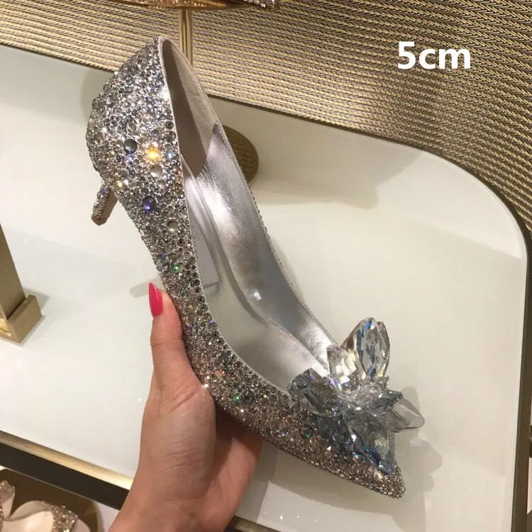 2023 New Summer Silver Crystal High Heels Female Stiletto Princess Pointed Temperament Goddess Fan Wedding Shoes Bridal Shoes