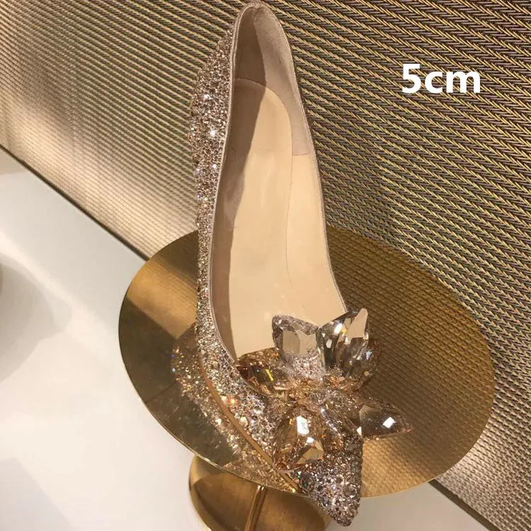 2023 New Summer Silver Crystal High Heels Female Stiletto Princess Pointed Temperament Goddess Fan Wedding Shoes Bridal Shoes