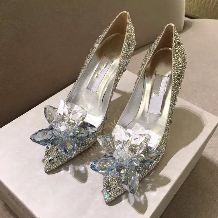 2023 New Summer Silver Crystal High Heels Female Stiletto Princess Pointed Temperament Goddess Fan Wedding Shoes Bridal Shoes