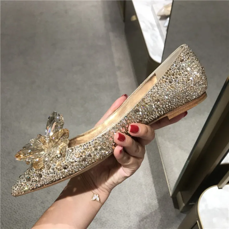 2023 New Summer Silver Crystal High Heels Female Stiletto Princess Pointed Temperament Goddess Fan Wedding Shoes Bridal Shoes