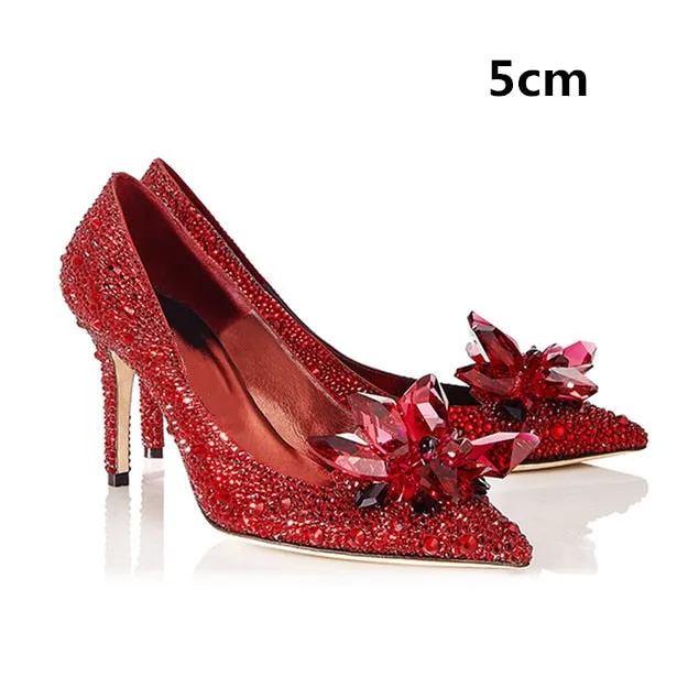 2023 New Summer Silver Crystal High Heels Female Stiletto Princess Pointed Temperament Goddess Fan Wedding Shoes Bridal Shoes