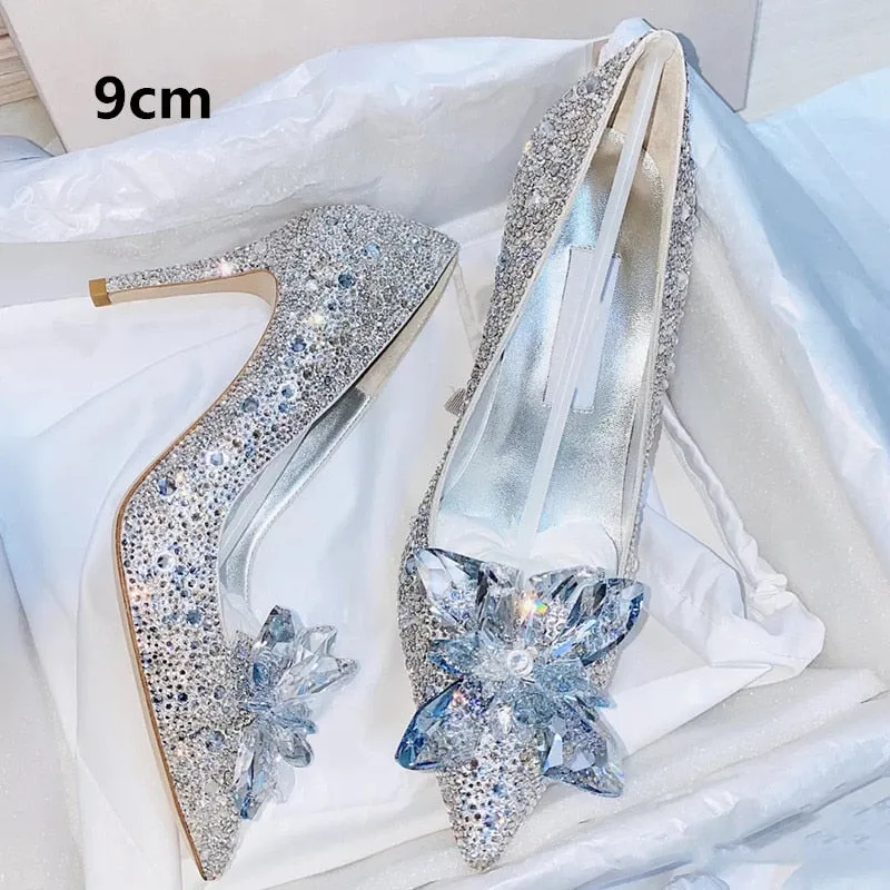 2023 New Summer Silver Crystal High Heels Female Stiletto Princess Pointed Temperament Goddess Fan Wedding Shoes Bridal Shoes