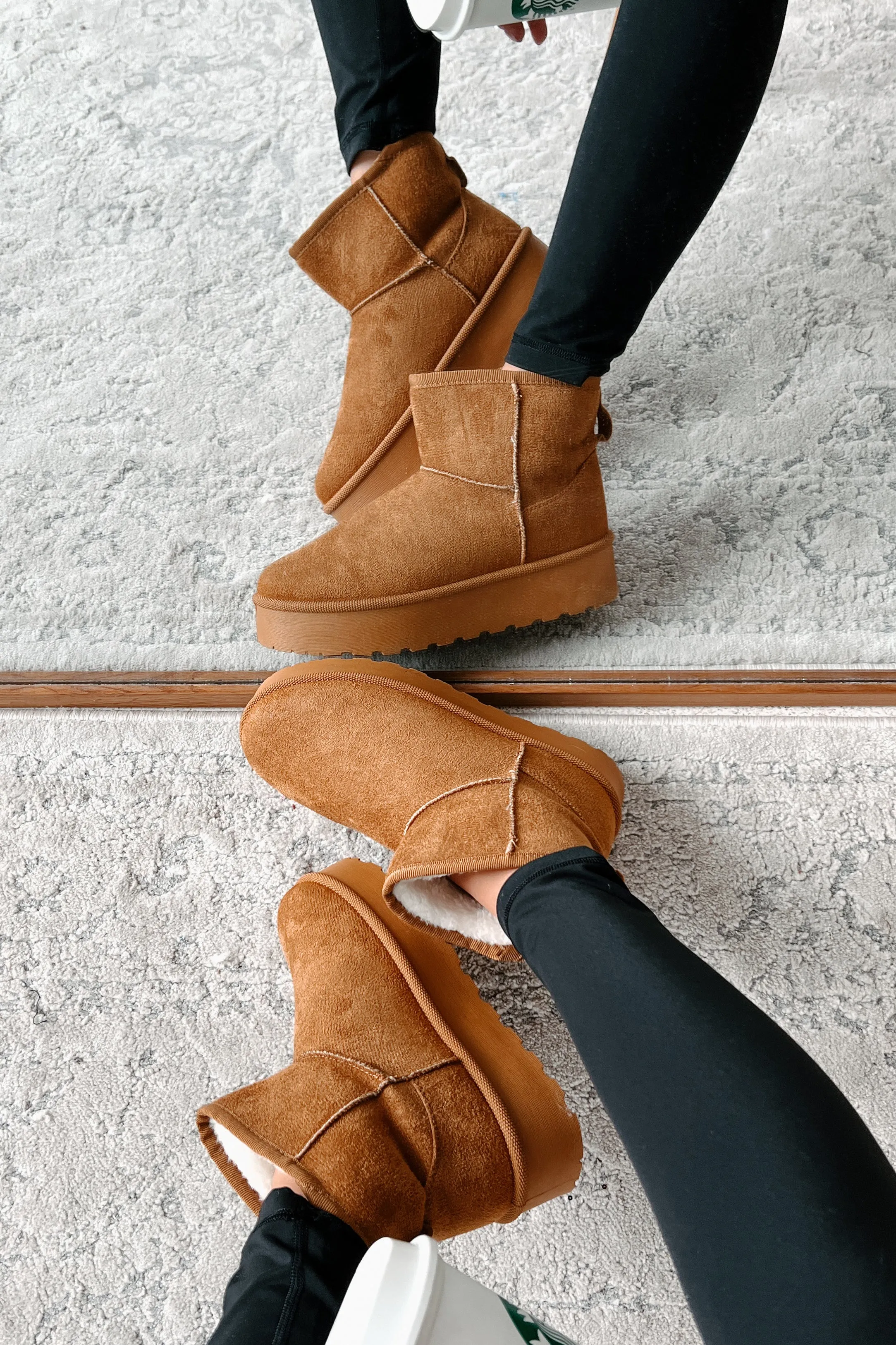 All Warm & Bundled Faux Fur Lined Mini Platform Booties (Tan)