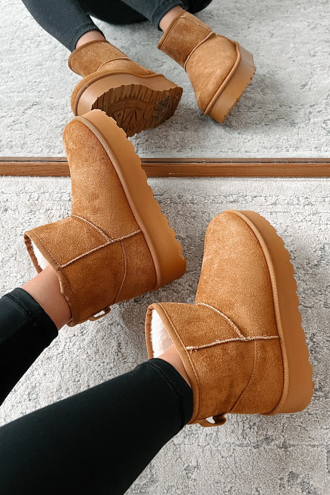 All Warm & Bundled Faux Fur Lined Mini Platform Booties (Tan)