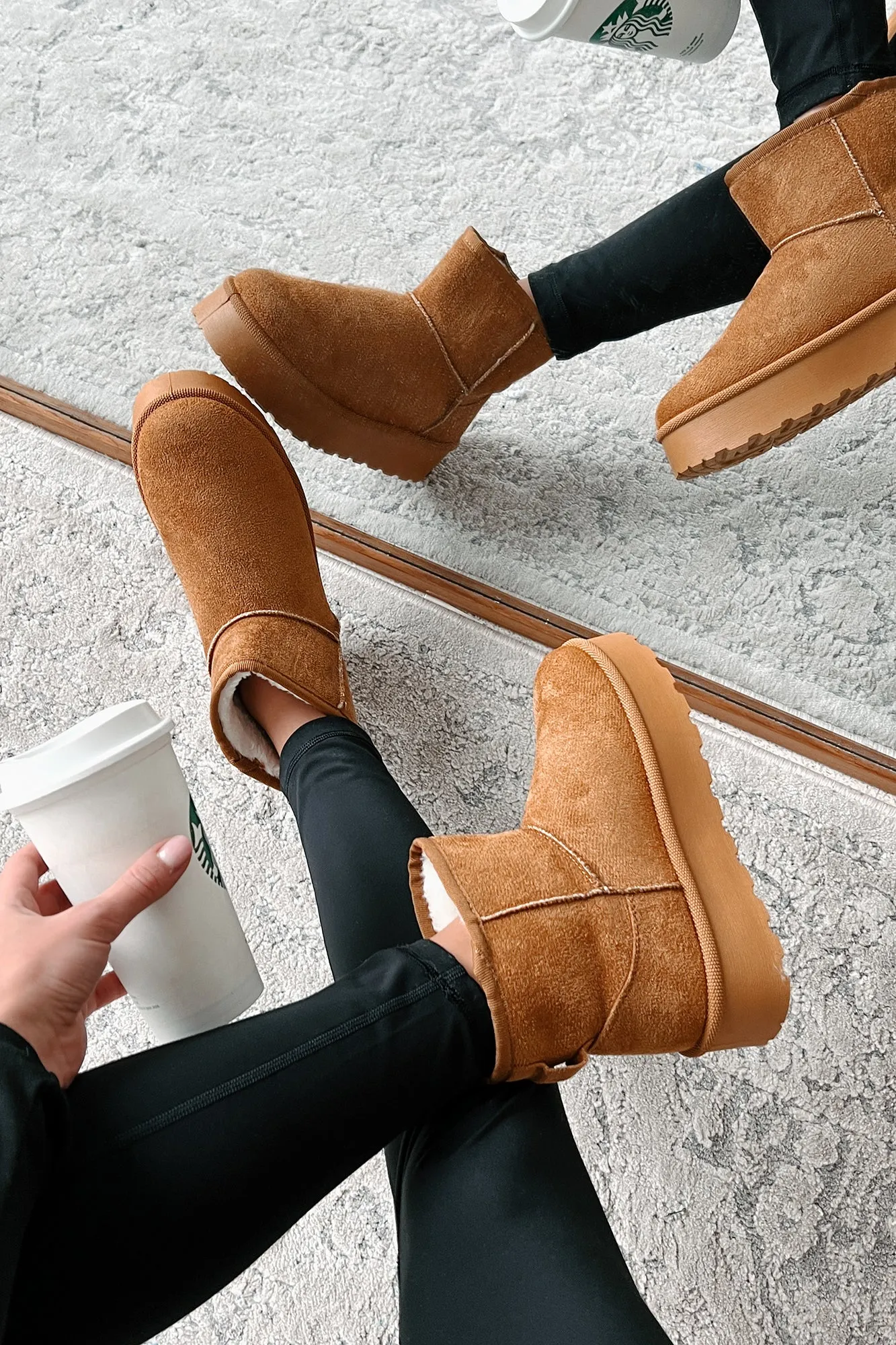 All Warm & Bundled Faux Fur Lined Mini Platform Booties (Tan)