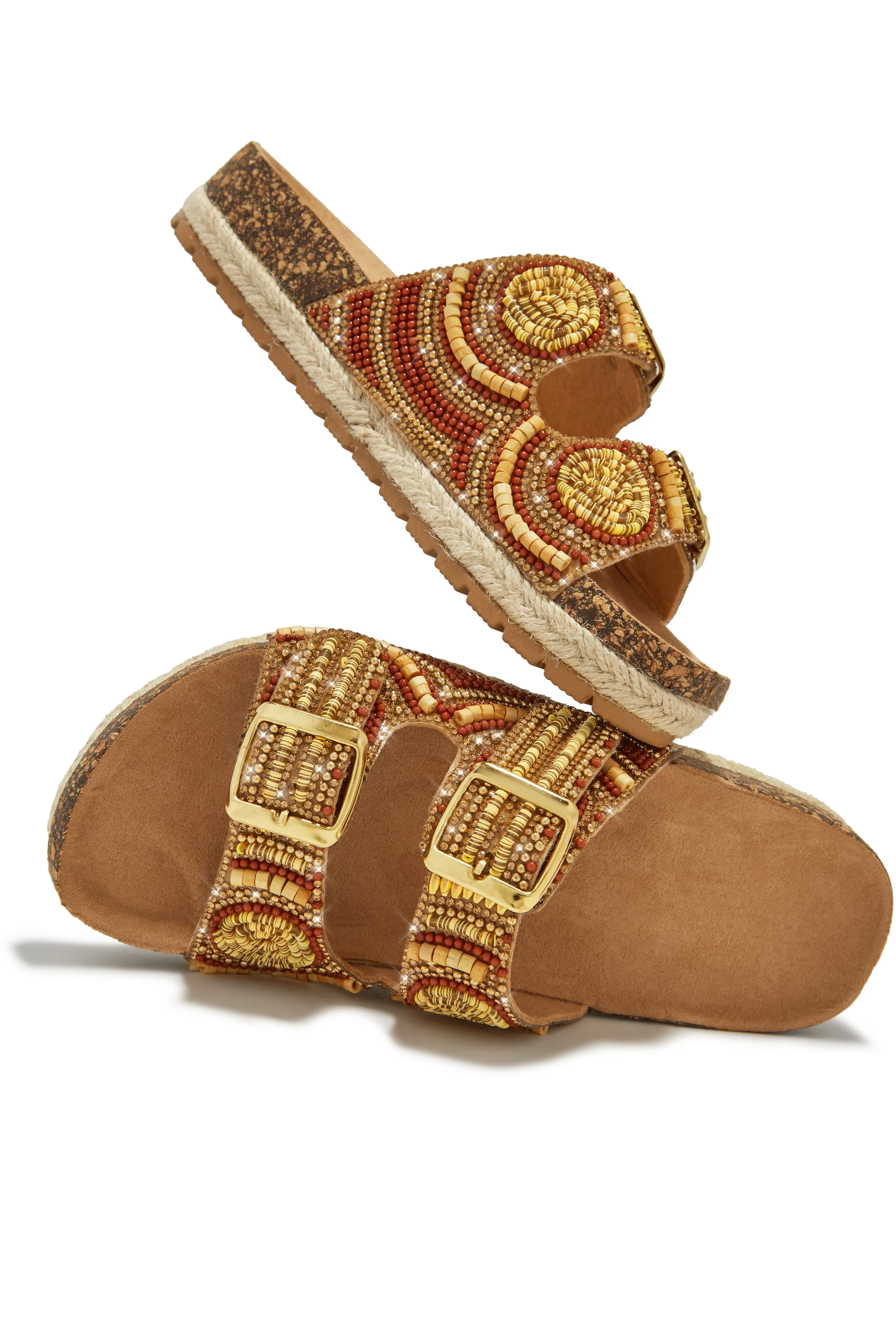 Aristi Beaded Embellished Slip On Sandals - Tan