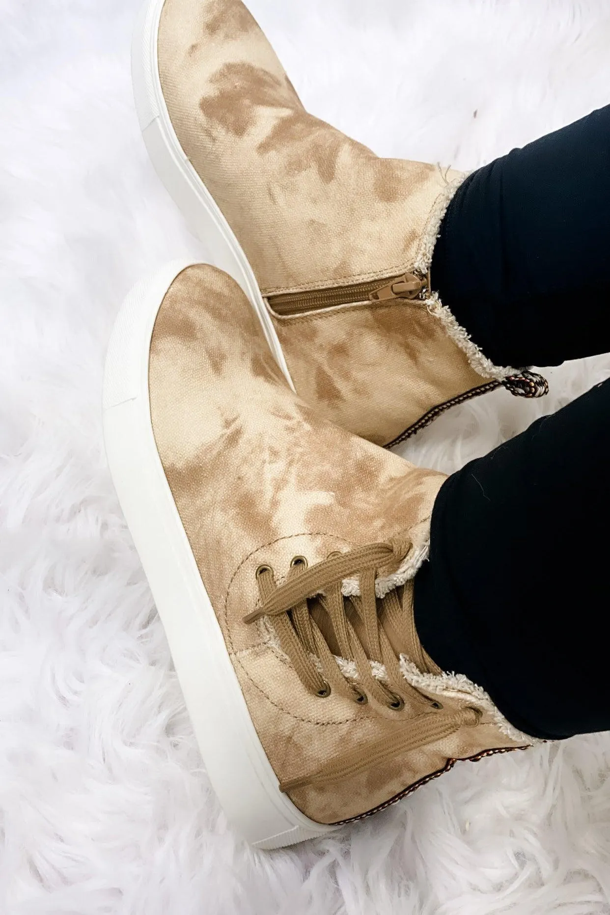 Back In Action- Tan Tie-Dye Zip Up High-Top Sneakers w/ Lace Up Detail