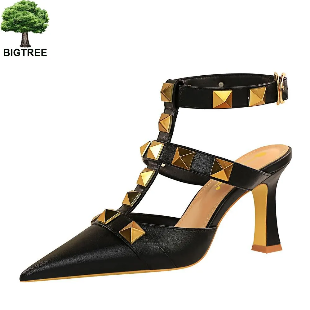 Bigtree Shoes Roman Style High Heels Metal Rivets Kitten Heels Women Pumps Sexy Party Shoes Summer Woman Sandals Heels Shoes