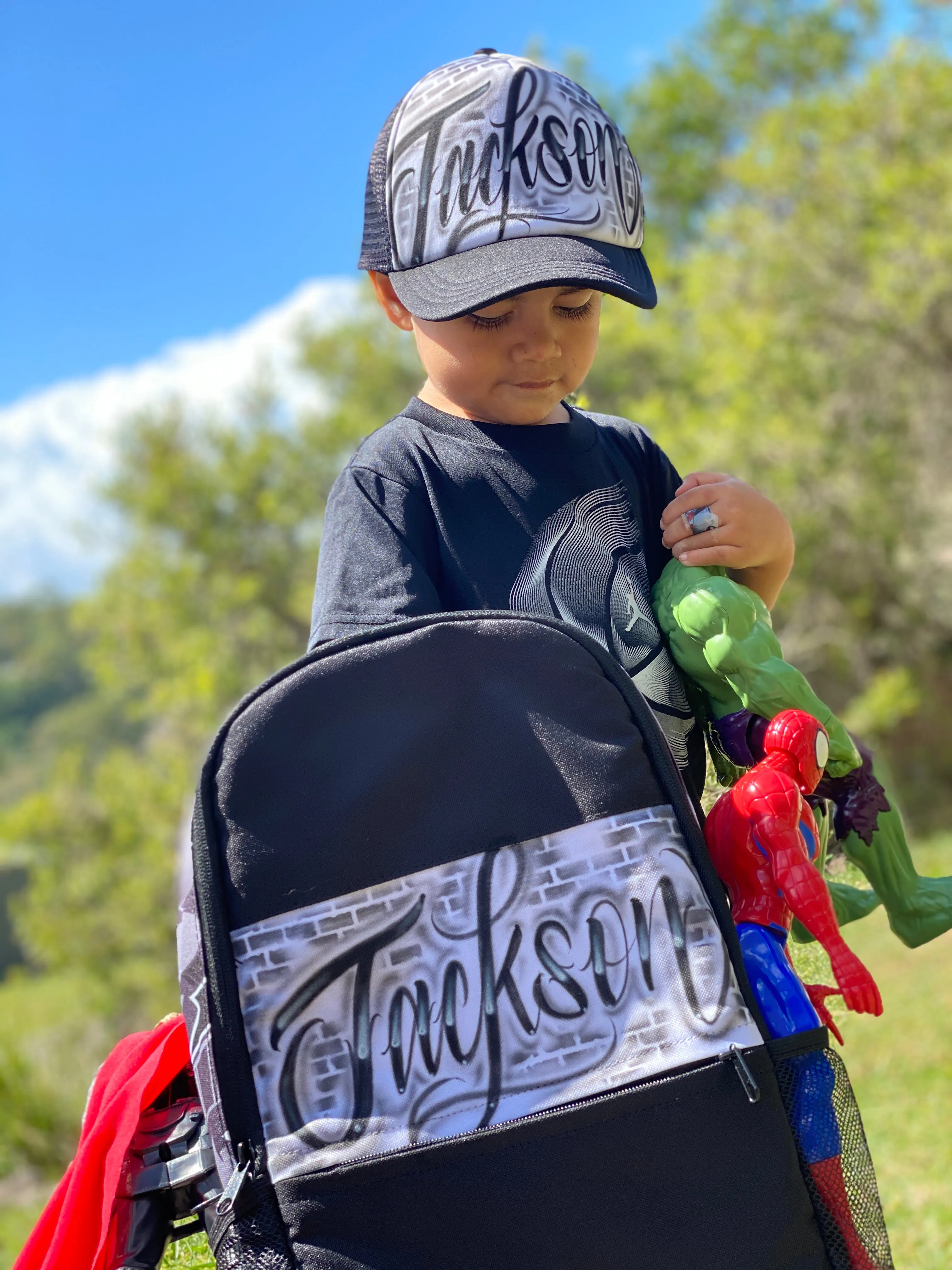 Brick Wall Script Style Custom School Combo (18) 1x TruckerCap, 1x Backpack, 1x Lunchbox