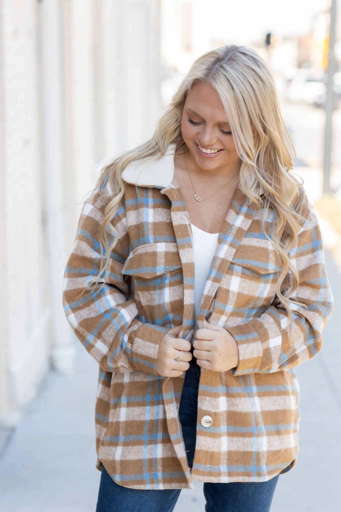 By The Fireside Plaid Shacket Taupe