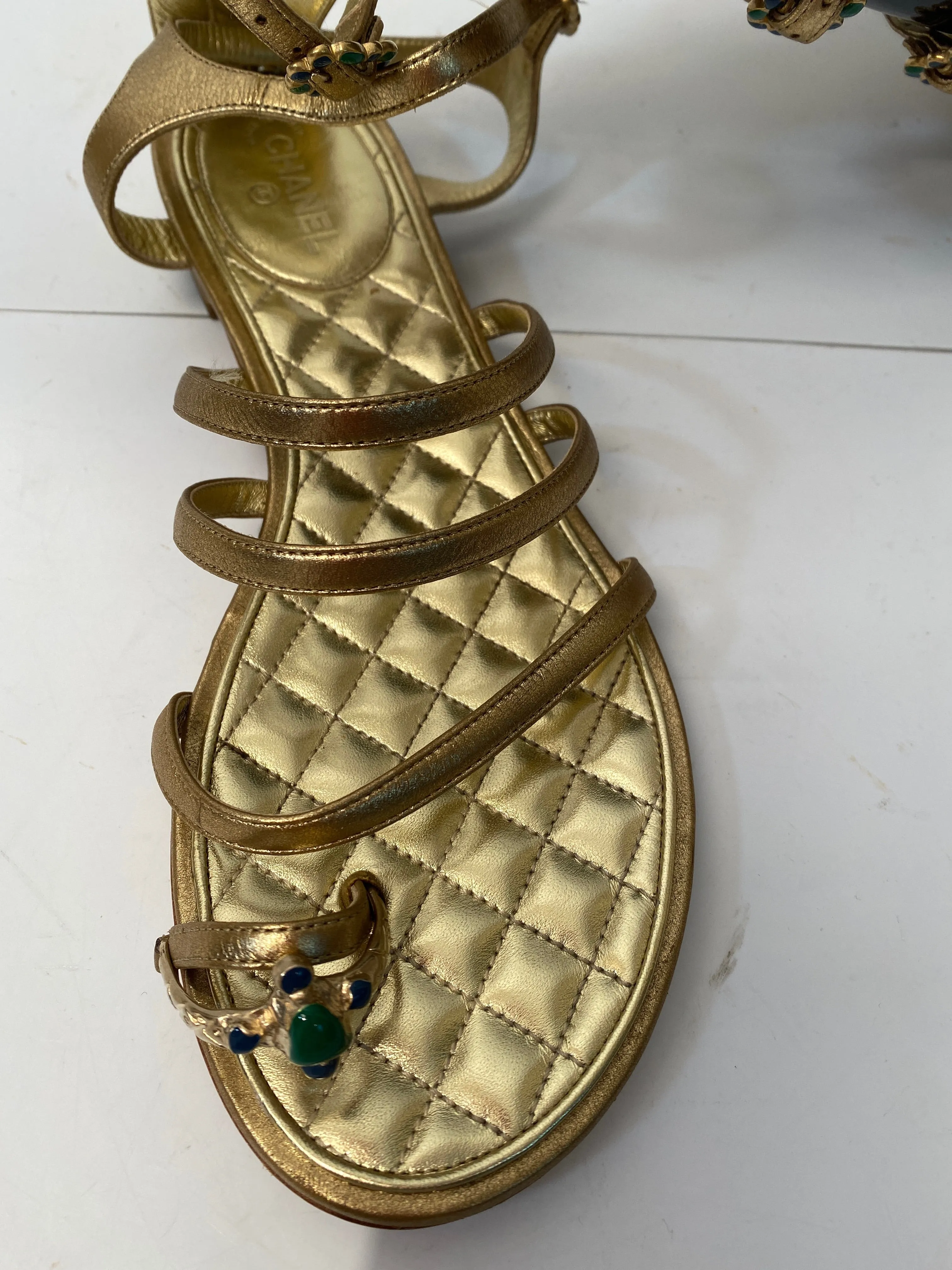 Chanel 15P 2015 Spring Gold Leather Gladiator Strap Sandals with stones EU 39.5