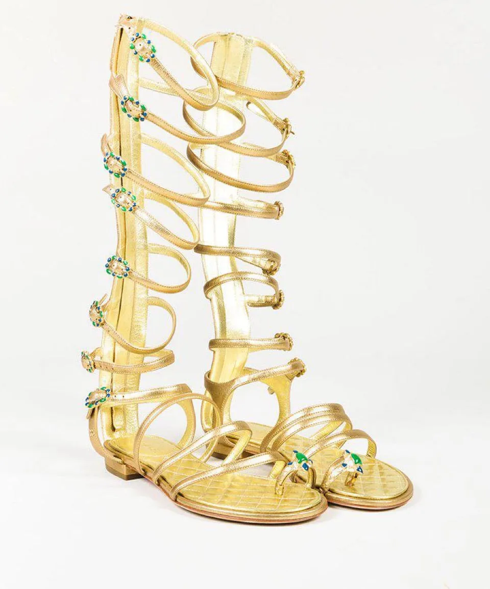 Chanel 15P 2015 Spring Gold Leather Gladiator Strap Sandals with stones EU 39.5