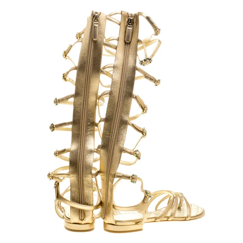 Chanel 15P 2015 Spring Gold Leather Gladiator Strap Sandals with stones EU 39.5