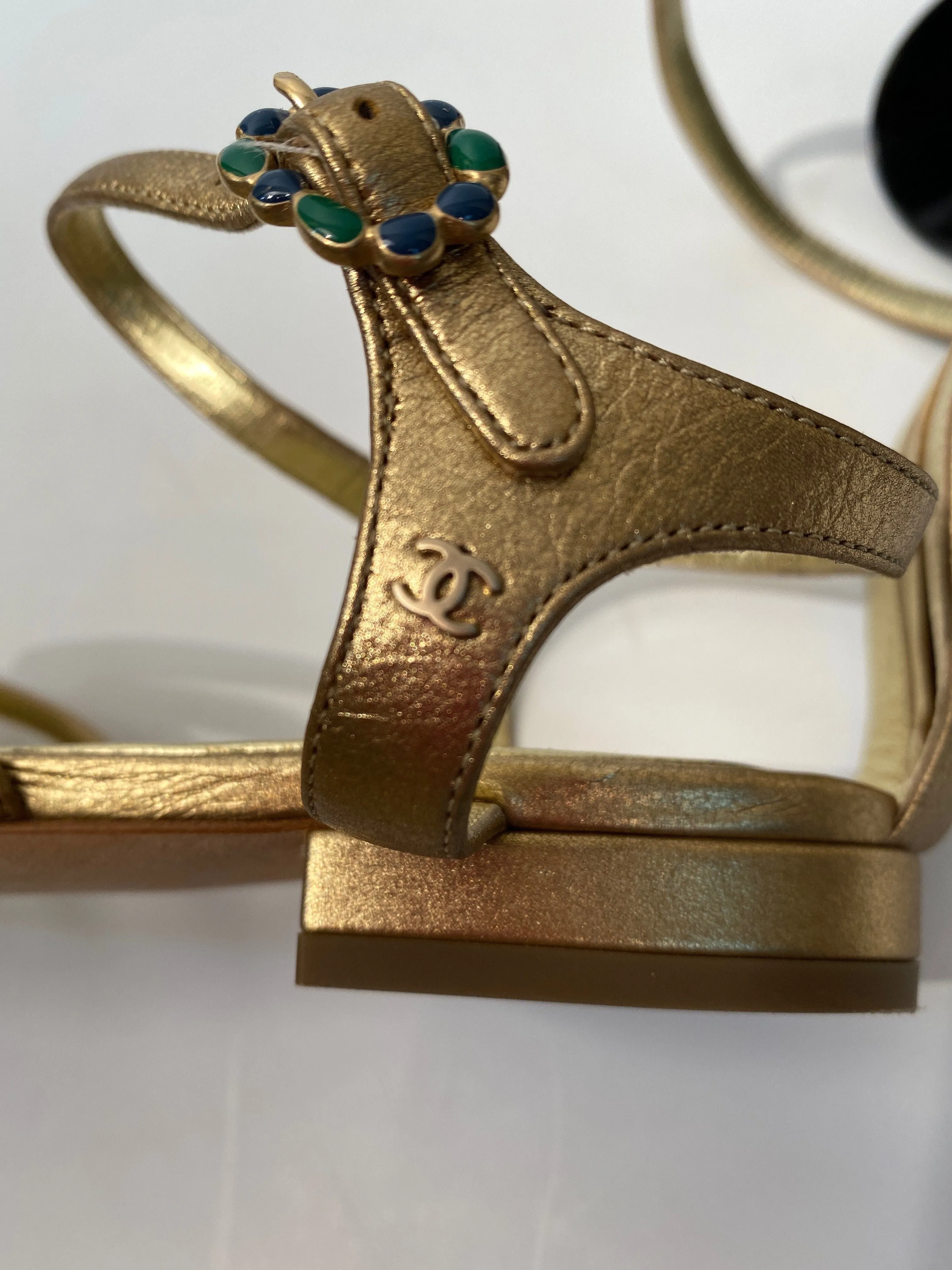 Chanel 15P 2015 Spring Gold Leather Gladiator Strap Sandals with stones EU 39.5