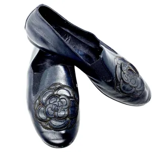 CHANEL Black Leather Camellia Moccasin Loafers Size 38 | 7.5