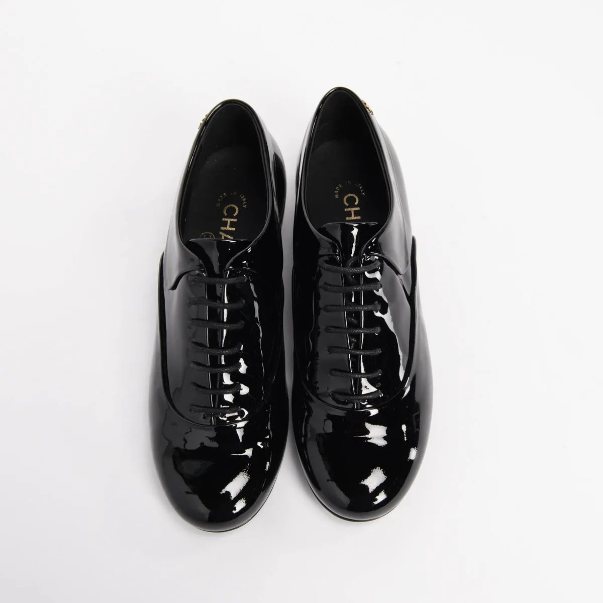 Chanel Black Patent Lace-Up CC Loafers 37.5