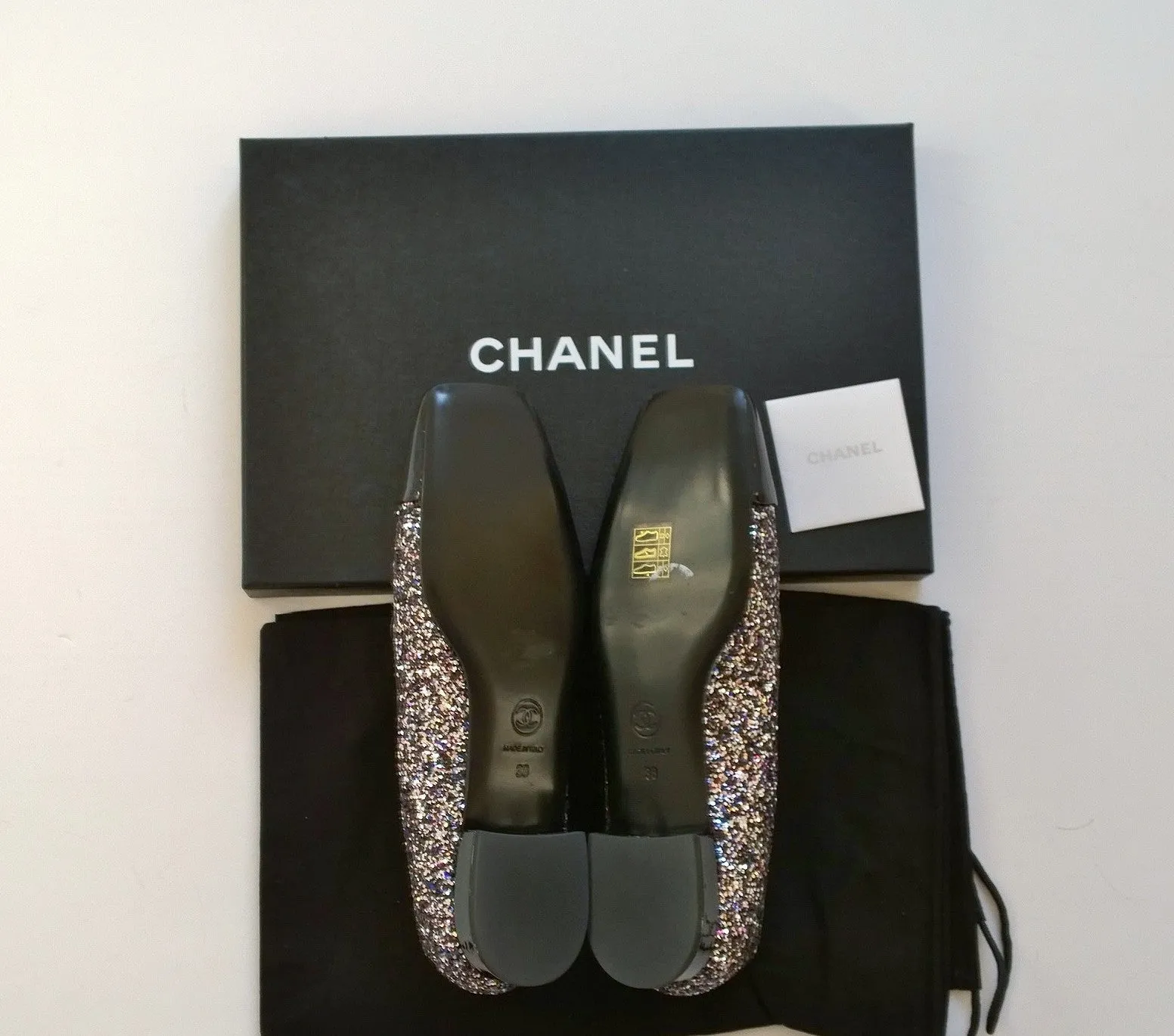 Chanel Glitter Loafers CC Flat Shoes Black Patent Cap Toe New