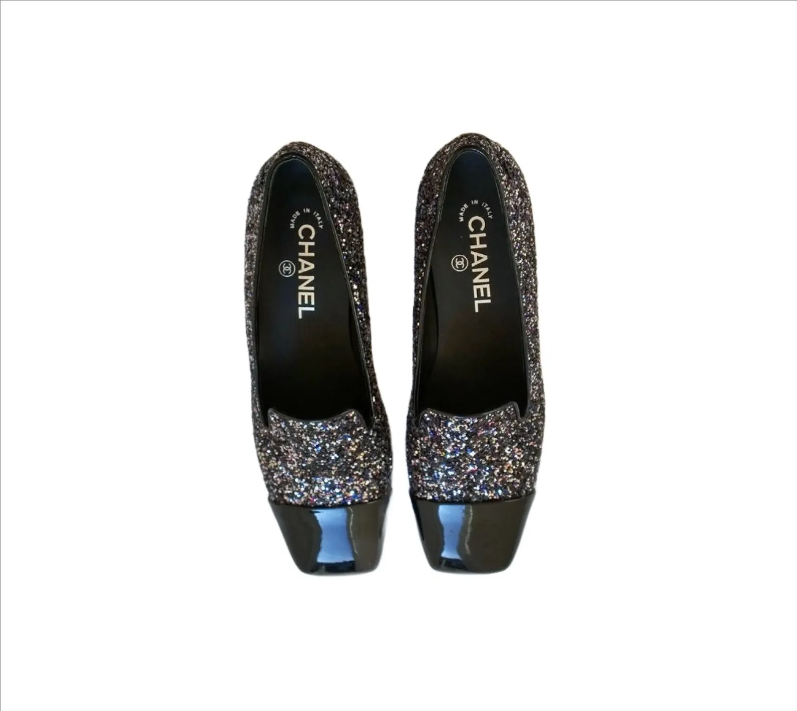 Chanel Glitter Loafers CC Flat Shoes Black Patent Cap Toe New