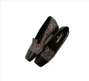 Chanel Glitter Loafers CC Flat Shoes Black Patent Cap Toe New