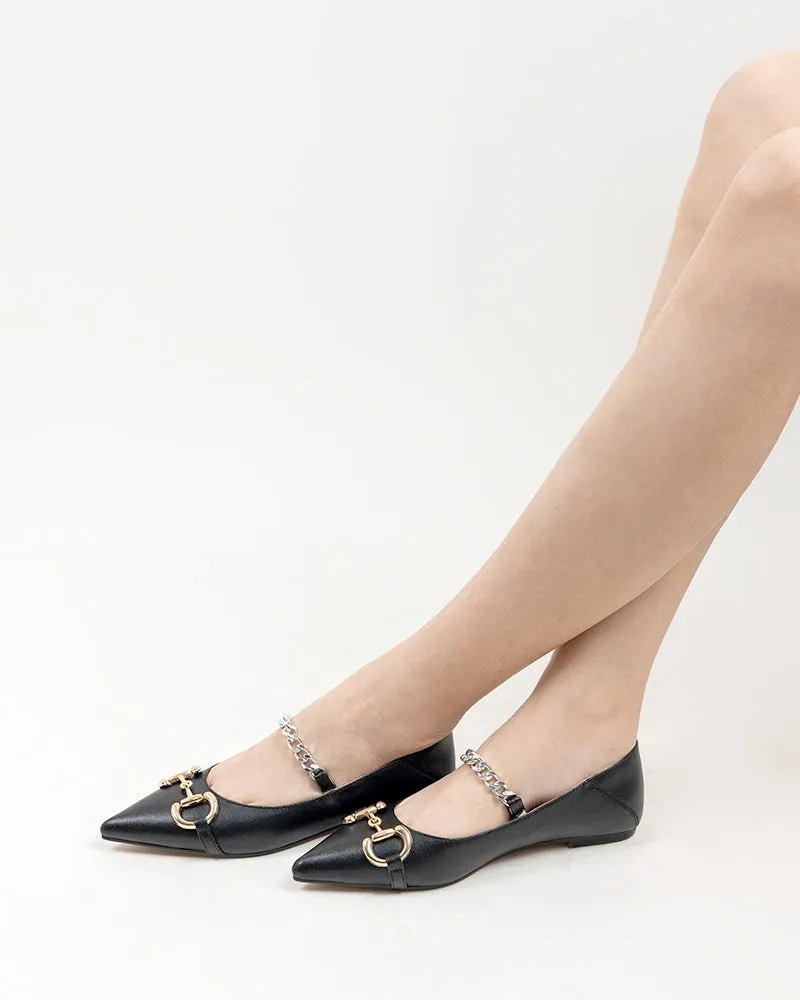 Classic Metal Buckle Chain Decor Leather Pointed Toe Flats