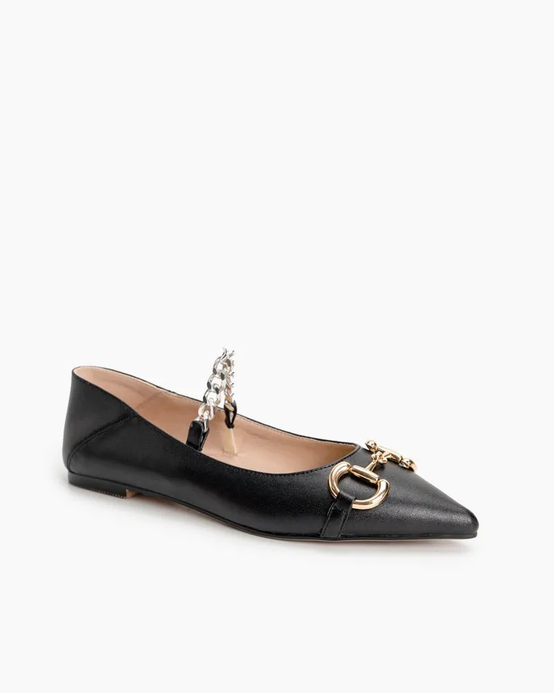 Classic Metal Buckle Chain Decor Leather Pointed Toe Flats