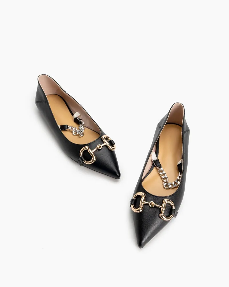 Classic Metal Buckle Chain Decor Leather Pointed Toe Flats