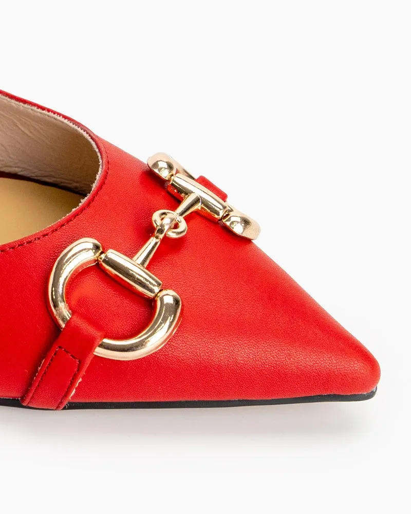 Classic Metal Buckle Chain Decor Leather Pointed Toe Flats