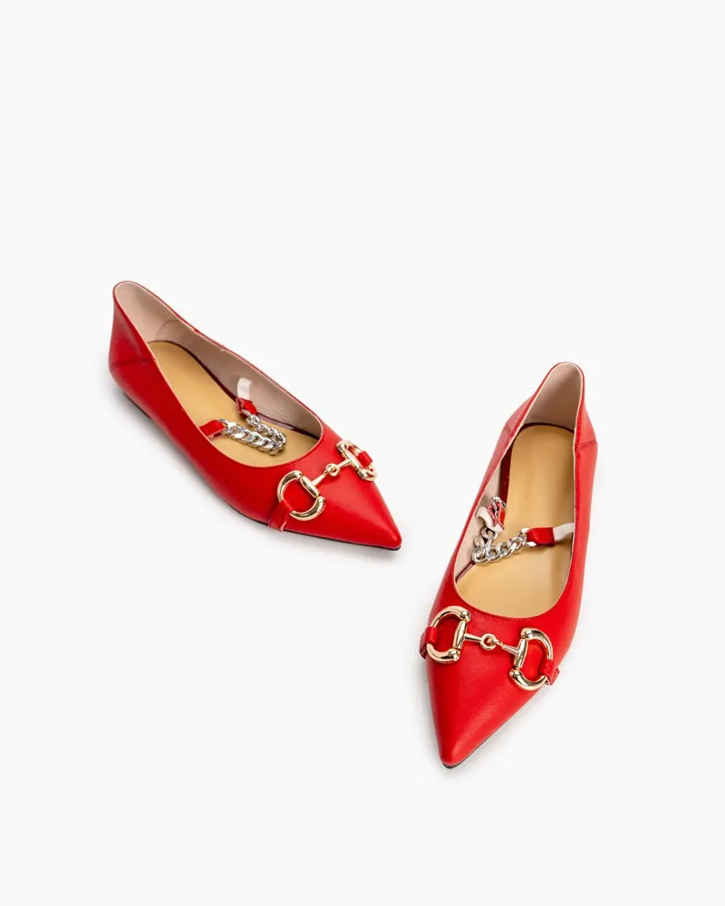 Classic Metal Buckle Chain Decor Leather Pointed Toe Flats