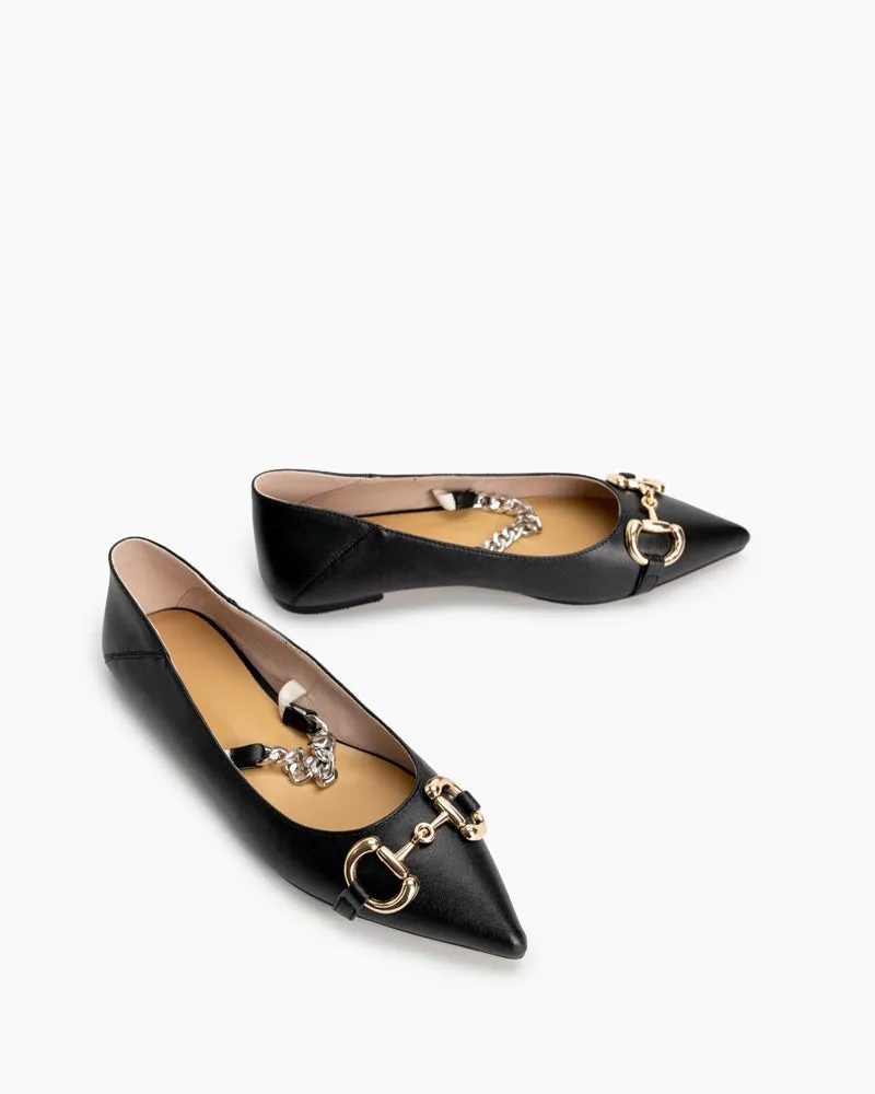 Classic Metal Buckle Chain Decor Leather Pointed Toe Flats