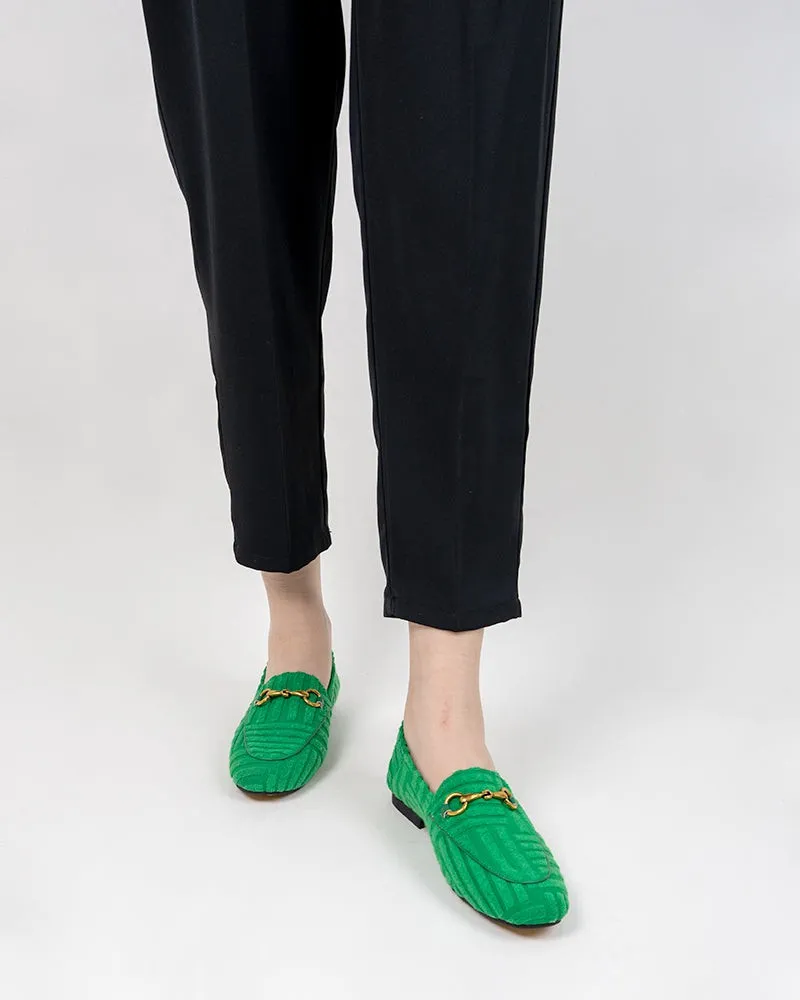 Classic Metal Buckle Green Lambswool Slip On Backless Loafers