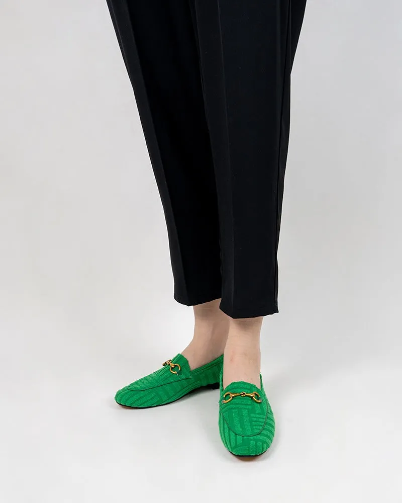 Classic Metal Buckle Green Lambswool Slip On Backless Loafers