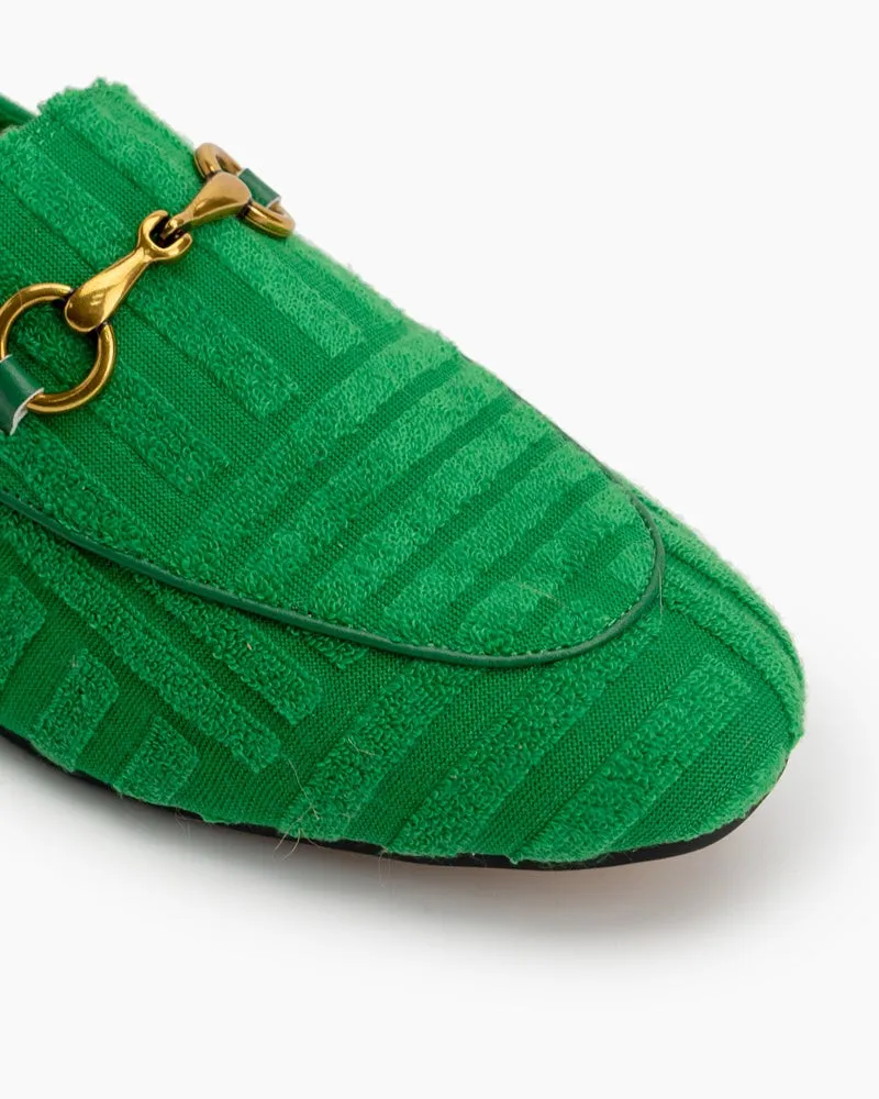 Classic Metal Buckle Green Lambswool Slip On Backless Loafers