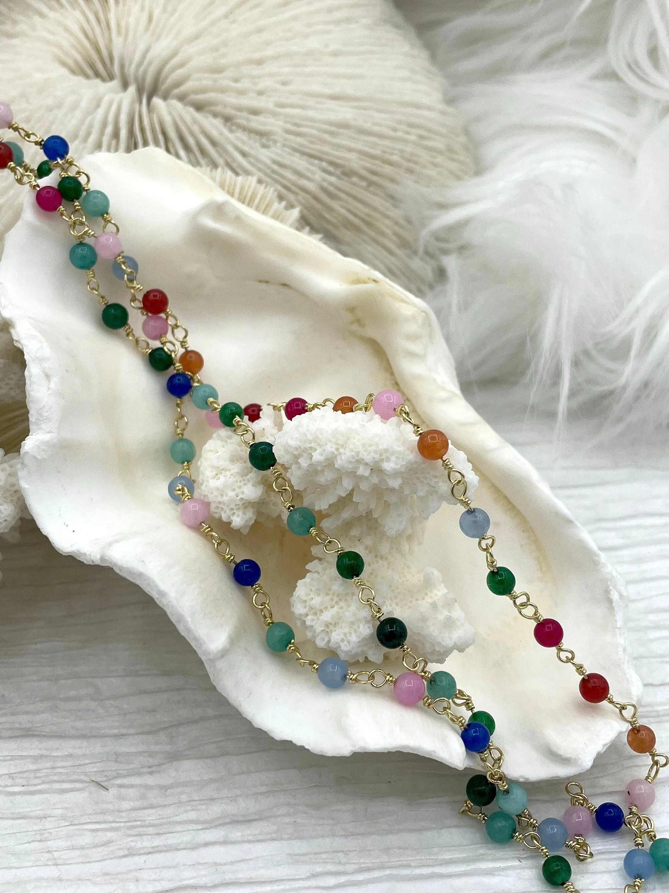 Colorful Agate Stone Beaded Rosary Chains, Beaded Chains, 4 styles. 4.5mm round stone beads, Gold Wire, Sold by the foot. Fast ship