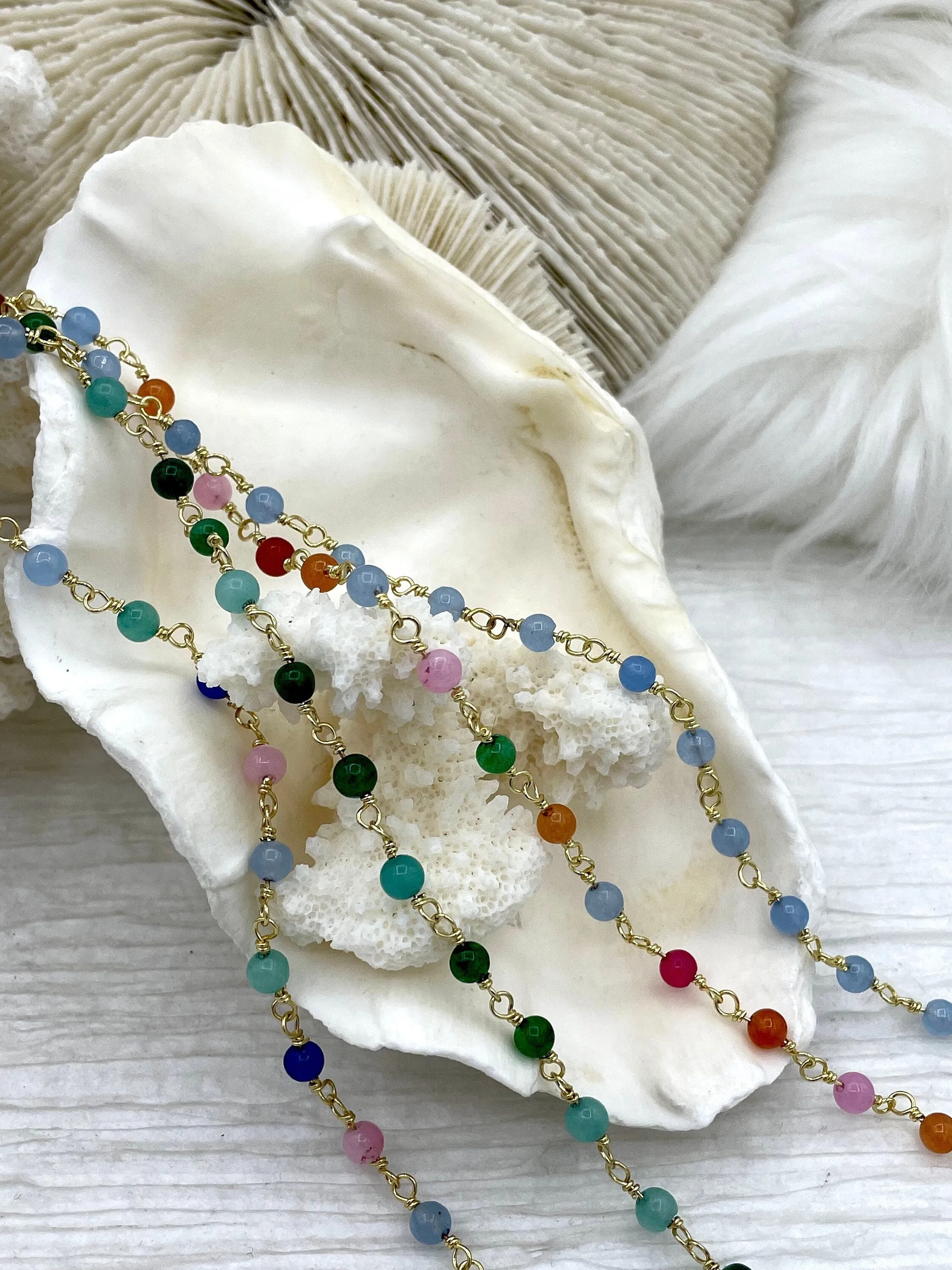 Colorful Agate Stone Beaded Rosary Chains, Beaded Chains, 4 styles. 4.5mm round stone beads, Gold Wire, Sold by the foot. Fast ship