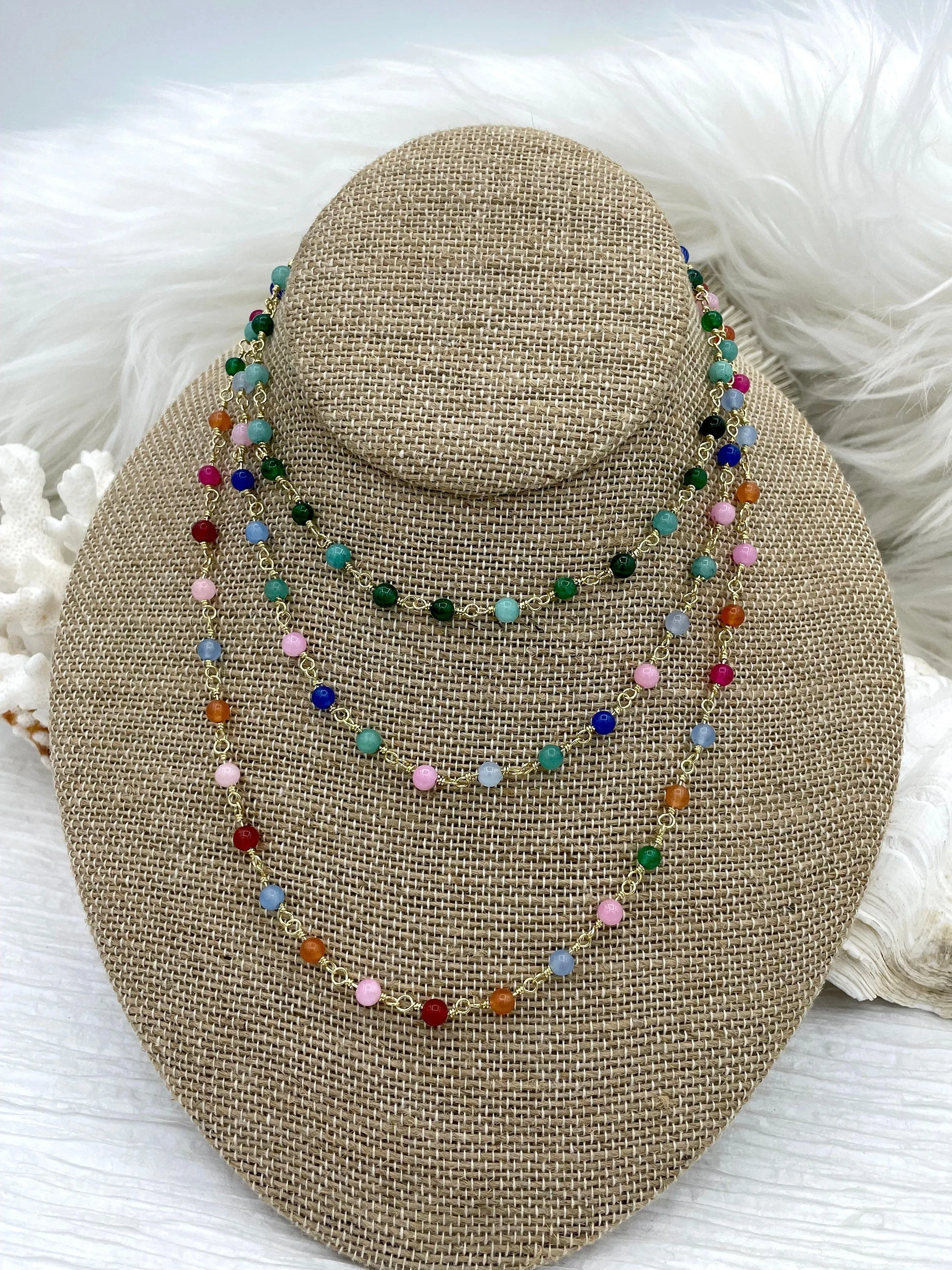 Colorful Agate Stone Beaded Rosary Chains, Beaded Chains, 4 styles. 4.5mm round stone beads, Gold Wire, Sold by the foot. Fast ship