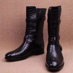 Crocodile Boots,Crocodile Leather Boots, Crocodile Leather Long Lace Up Boots