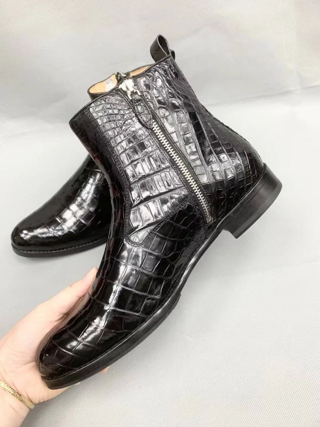 Crocodile Shoes Men Black Ankle Crocodile  Leather Boot, Men Side Zipper Boot, Men Crocodile Leather Boots