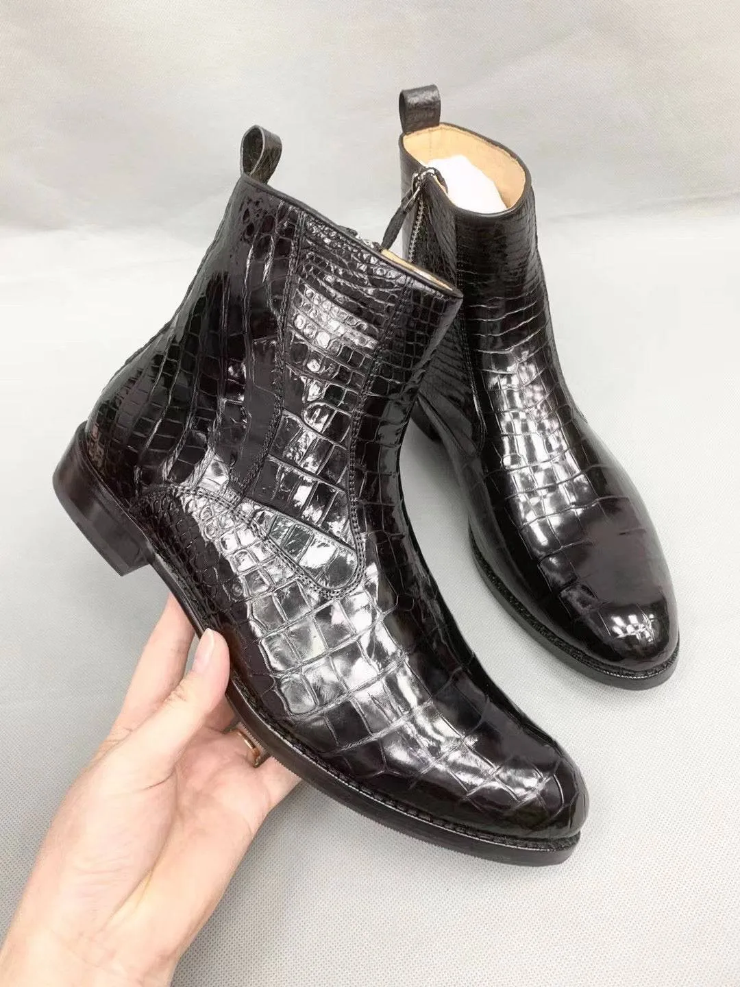 Crocodile Shoes Men Black Ankle Crocodile  Leather Boot, Men Side Zipper Boot, Men Crocodile Leather Boots