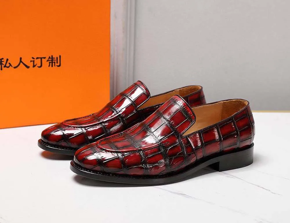 Crocodile Shoes Men's Crocodile Leather Loafers Slip-On Dress Shoes Vintage Red