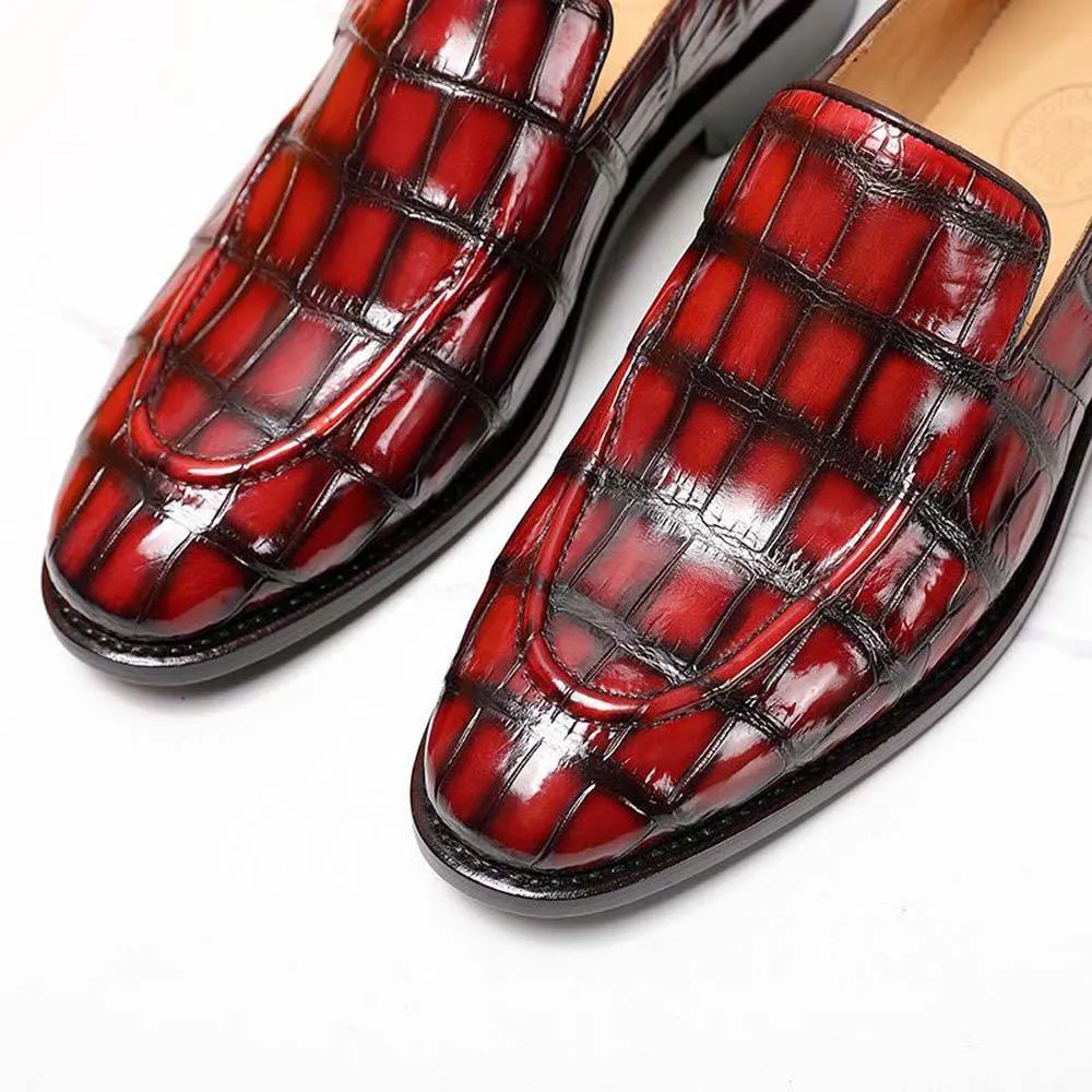 Crocodile Shoes Men's Crocodile Leather Loafers Slip-On Dress Shoes Vintage Red