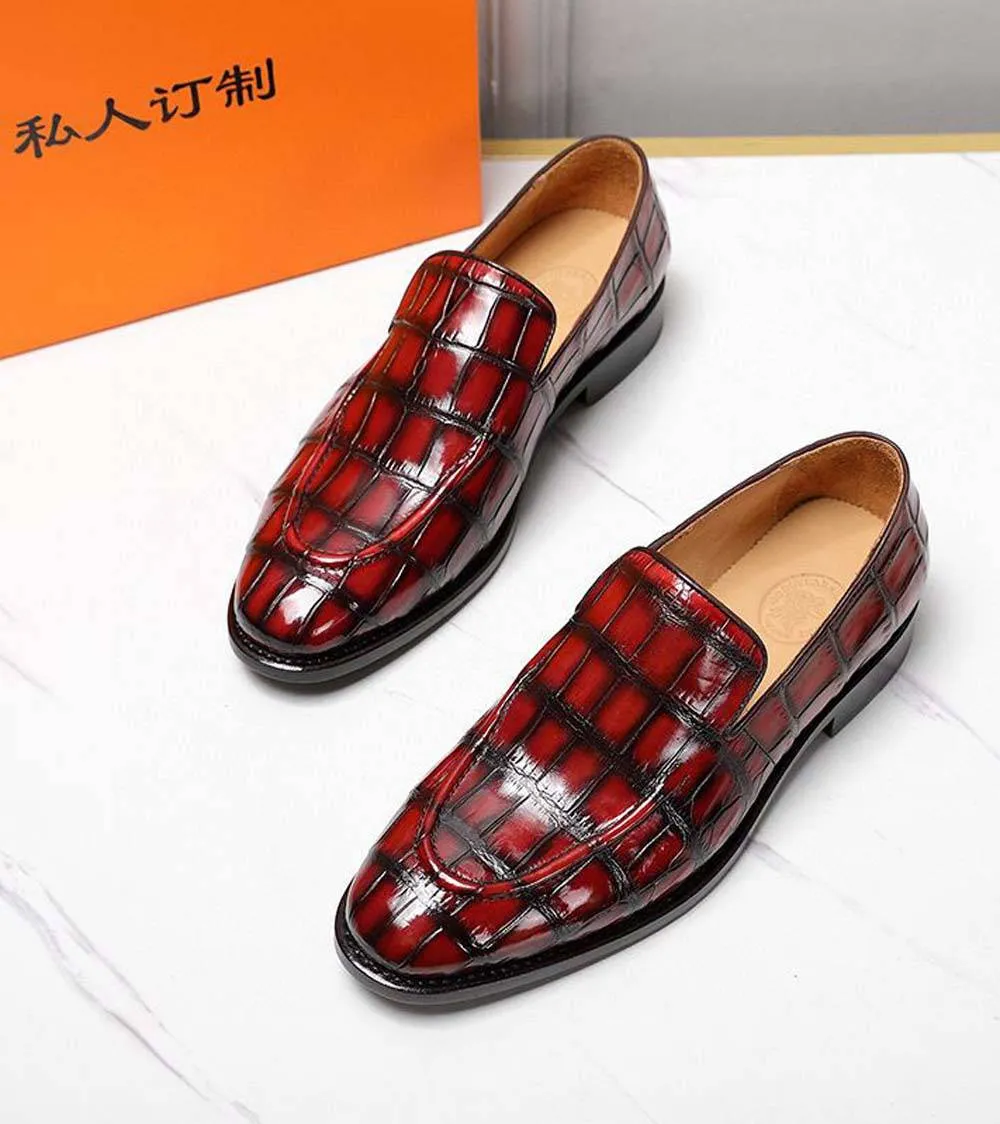 Crocodile Shoes Men's Crocodile Leather Loafers Slip-On Dress Shoes Vintage Red