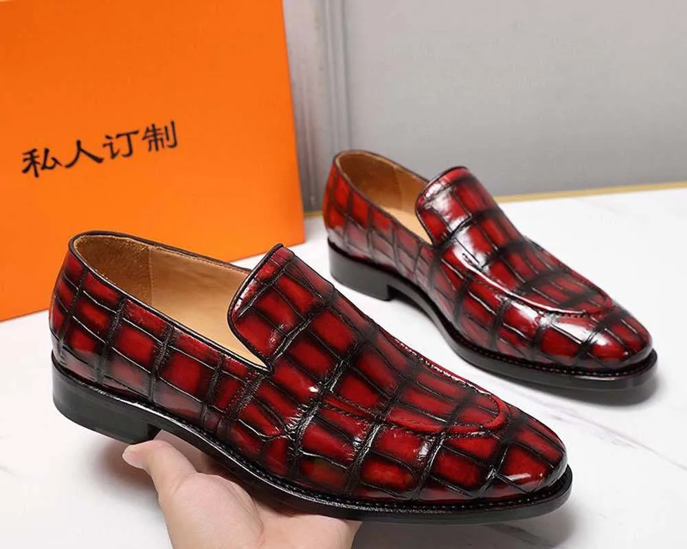 Crocodile Shoes Men's Crocodile Leather Loafers Slip-On Dress Shoes Vintage Red