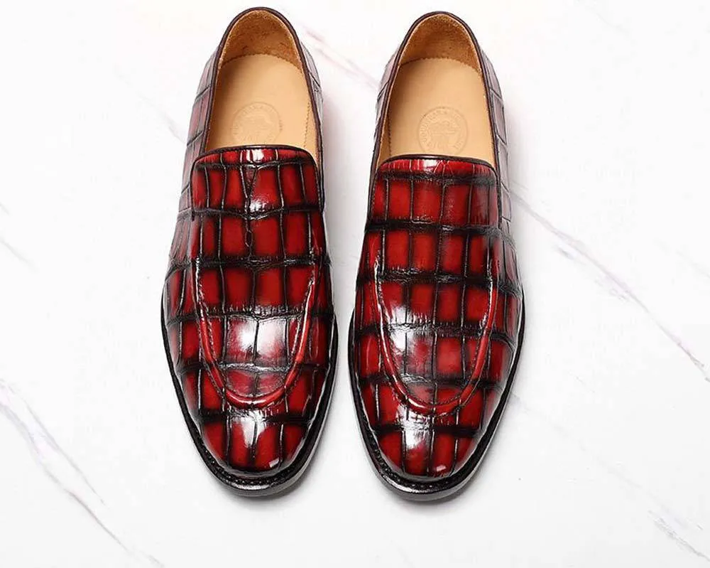 Crocodile Shoes Men's Crocodile Leather Loafers Slip-On Dress Shoes Vintage Red