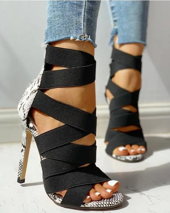 Cross Tied Snake Patterned Bondage Heels