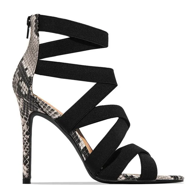 Cross Tied Snake Patterned Bondage Heels