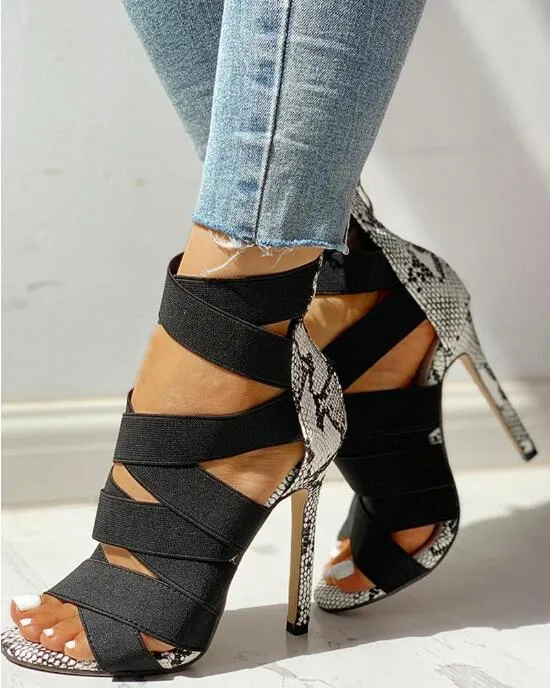 Cross Tied Snake Patterned Bondage Heels