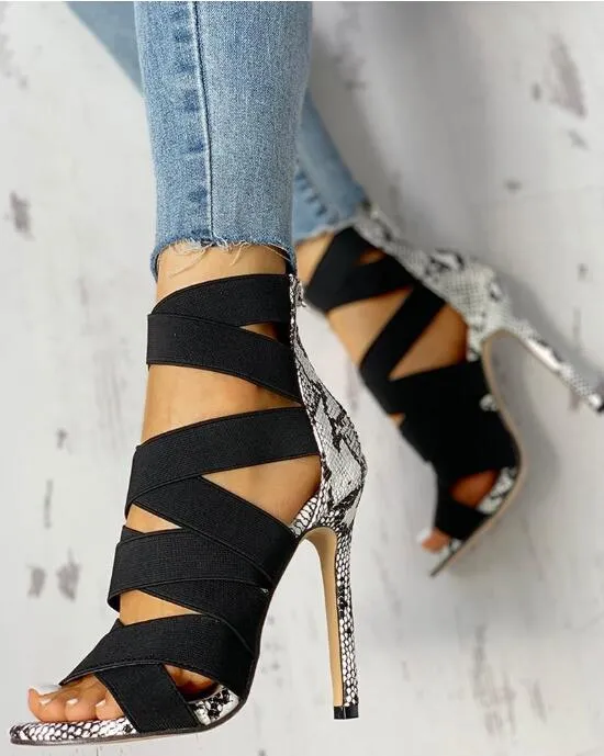 Cross Tied Snake Patterned Bondage Heels