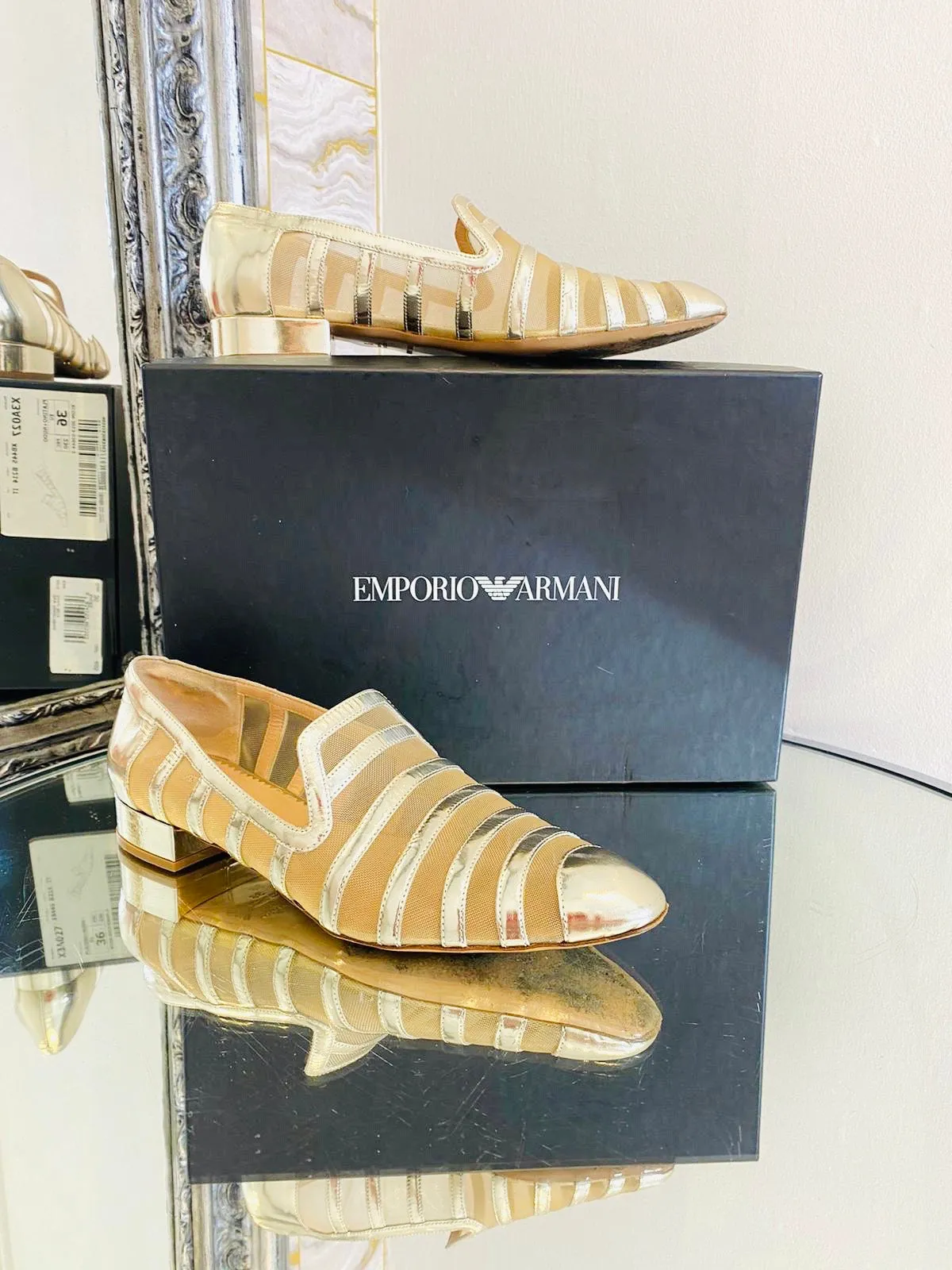 Emporio Armani Metallic Leather Flat Shoes. Size 36